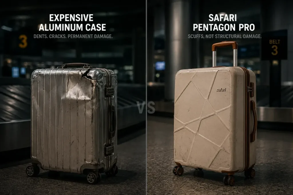 3 Baggage durability showdown aluminum vs Safari Best Safari Pentagon Pro 8 Wheels Trolley Bag