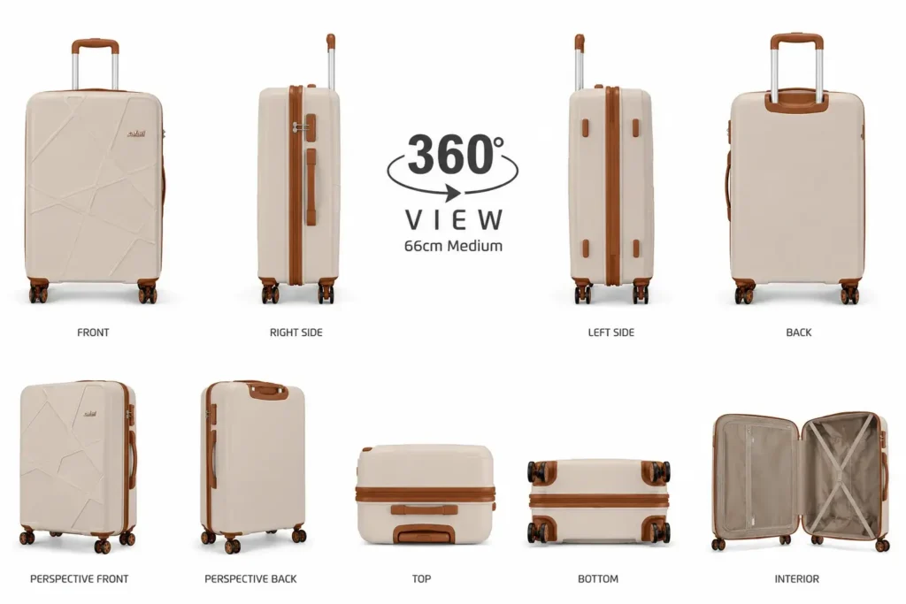360° suitcase showcase with sleek angles Safari vs American Tourister Which is Better Warranty cards on a white backdrop