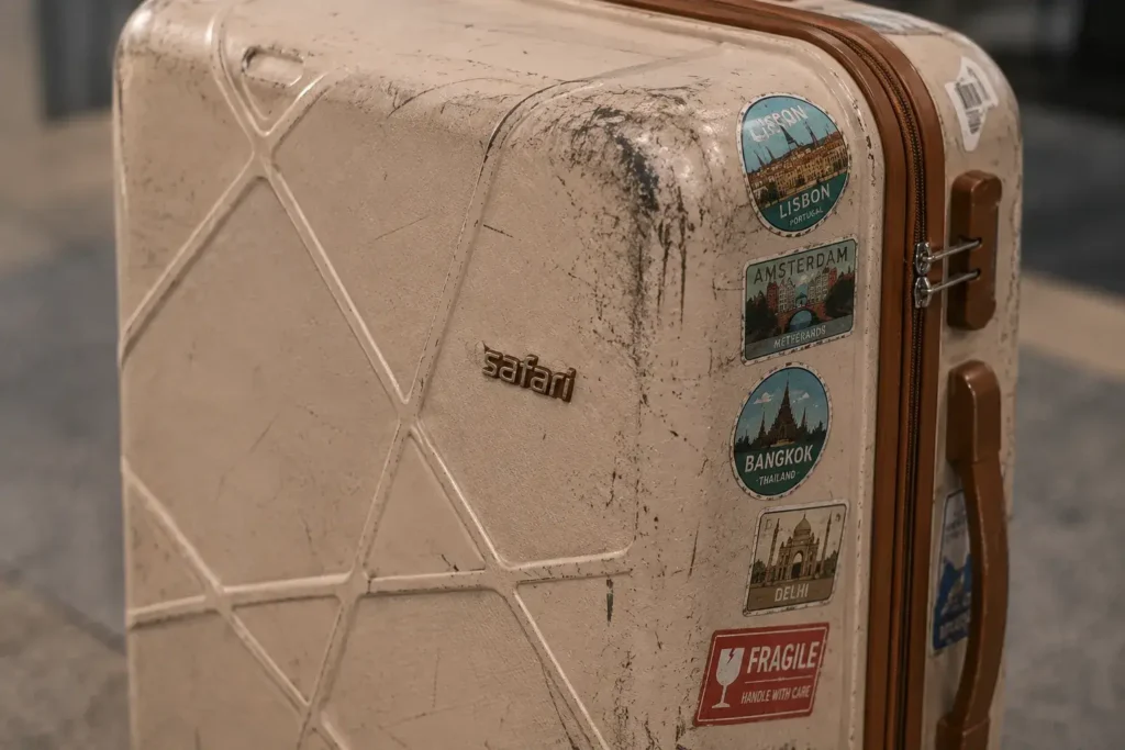 8 Worn travel suitcase with stickers