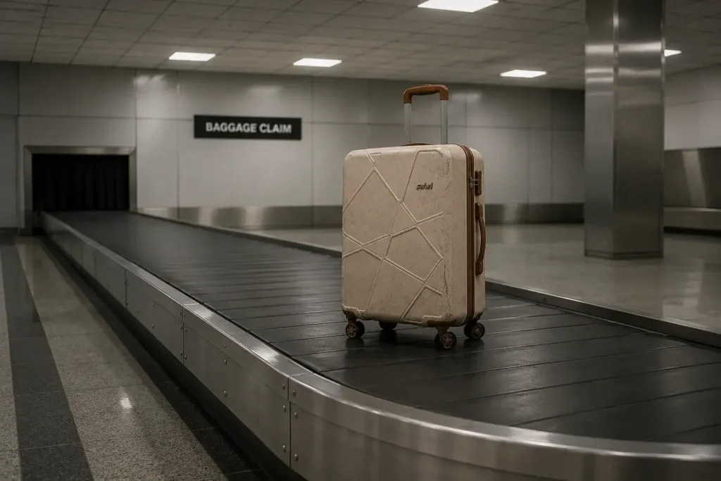 9 Empty baggage claim with lone suitcase