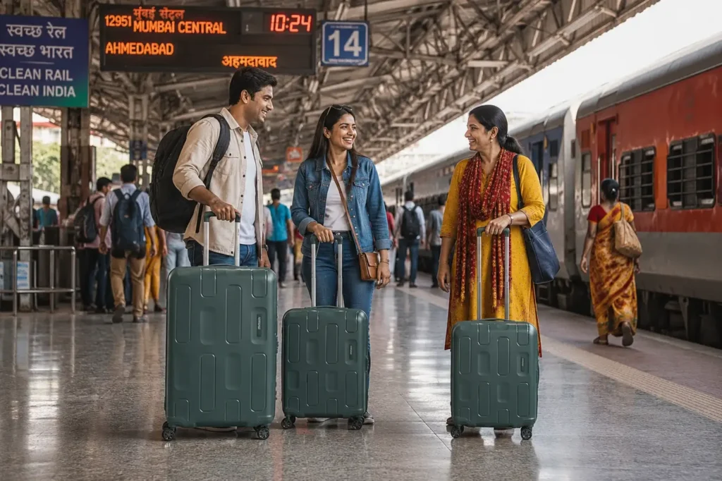Busy train station with travelers