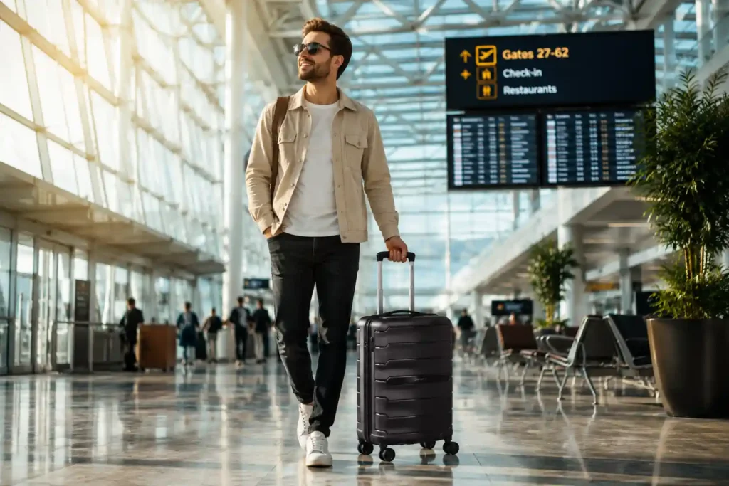 Confident traveler in modern airport terminal