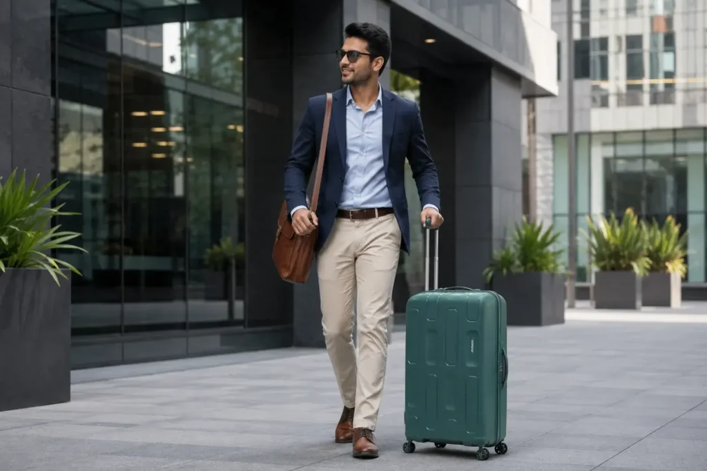 Confident traveler in urban plaza