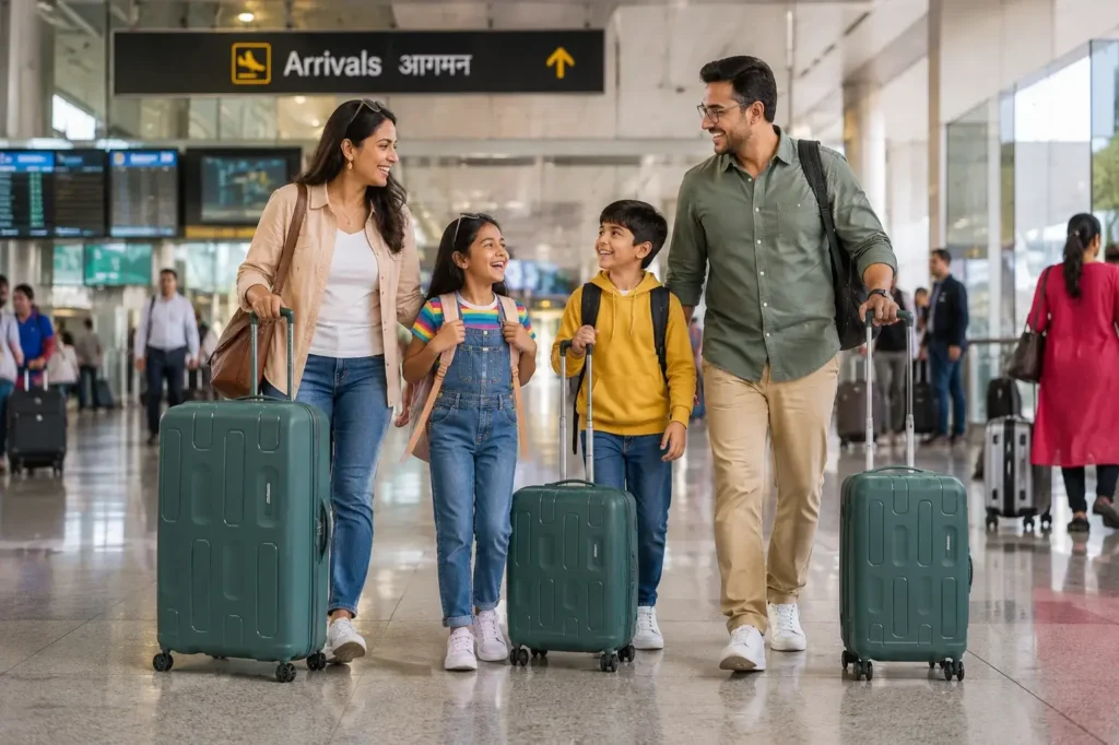 Family arriving at the airport terminal
