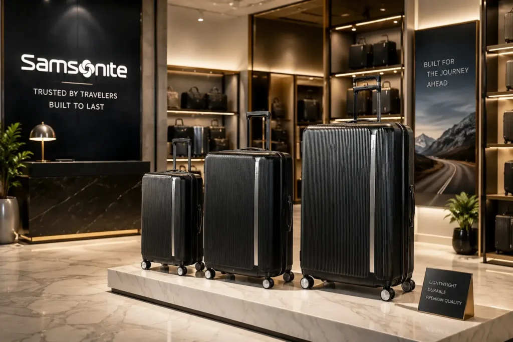 Samsonite vs American Tourister Luxury luggage showcase in elegant retail space