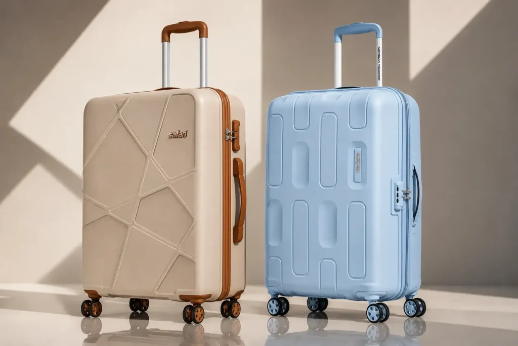 Safari vs American Tourister Which is Better Travelers on cobblestone streets of history Minimalist luggage duo in studio setting