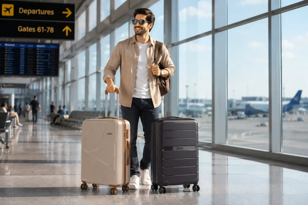 Smiling traveler at modern airport terminal Safari vs Aristocrat Which Is Better