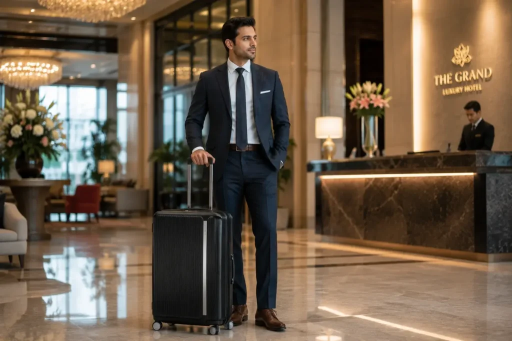 Stylish business traveler in luxury lobby