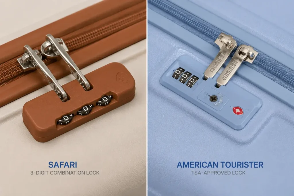 ro shot comparing the combination lock mechanisms of Safari and American Tourister trolley bags side by side. One lock shows a standard 3-digit combination dial, while the other features a TSA-approved lock with the red diamond symbol. Shallow depth of field, metallic textures highlighted, soft studio lig Suitcase lock comparison Safari vs American Tourister