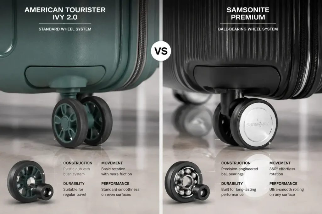 Suitcase wheel system comparison infographic
