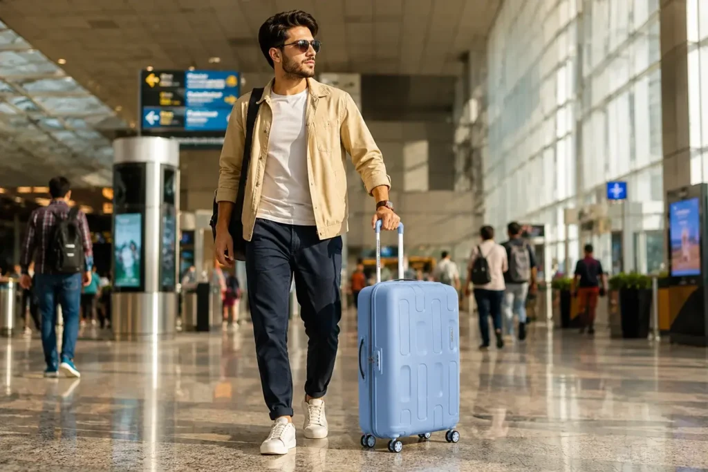 Traveler in bustling airport terminal