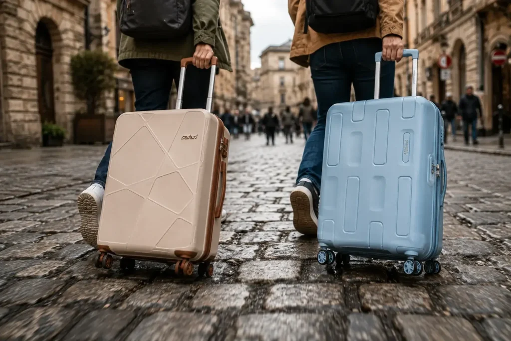 Safari vs American Tourister Which is Better Travelers on cobblestone streets of history