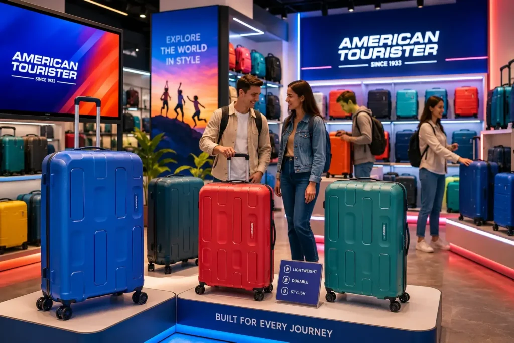 Vibrant American Tourister luggage store display