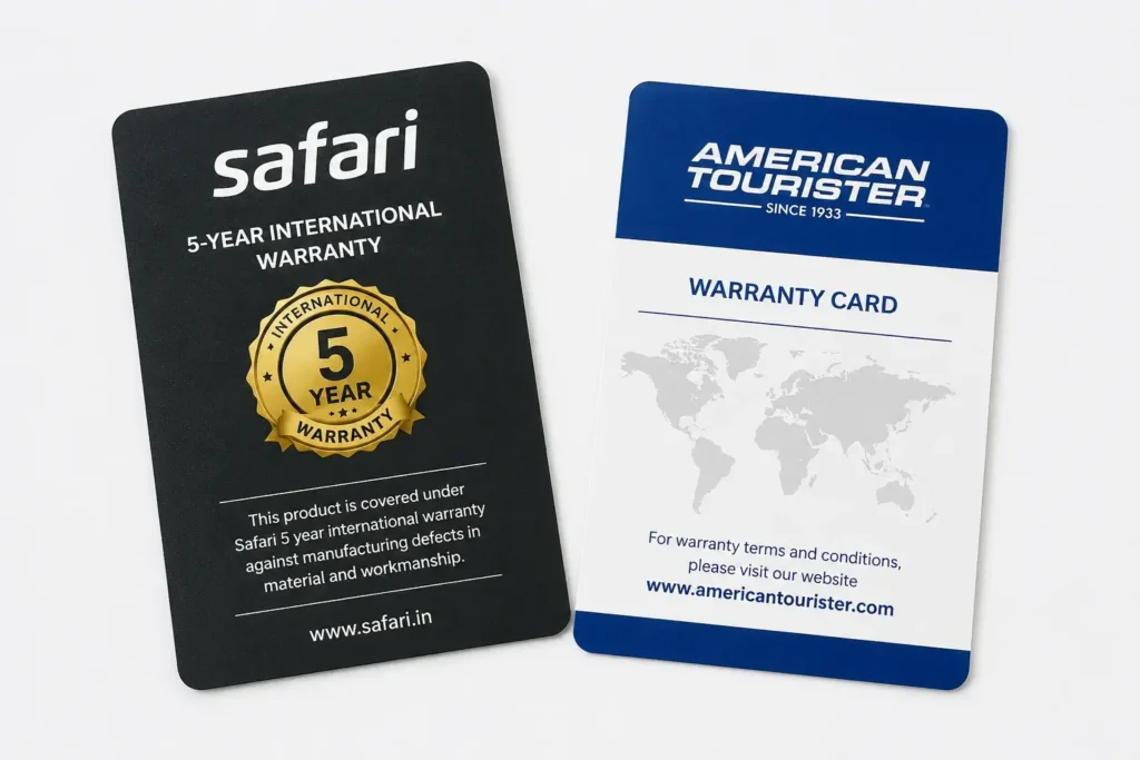 Safari vs American Tourister Which is Better Warranty cards on a white backdrop