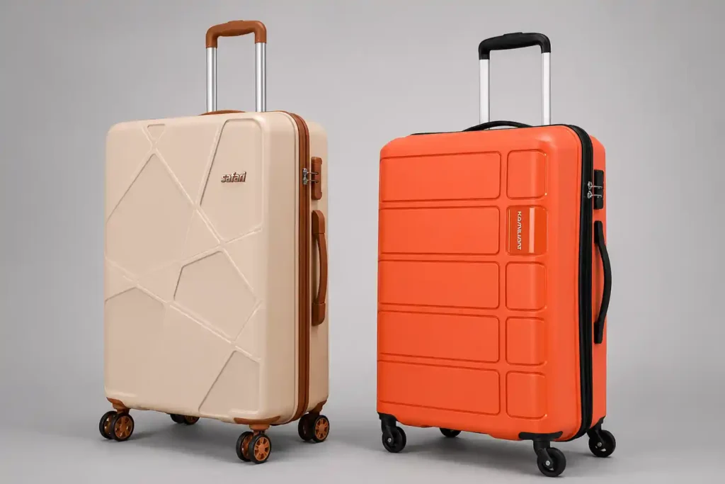 3 Minimalist suitcase duo against gray backdrop Safari vs Kamiliant Which is Better