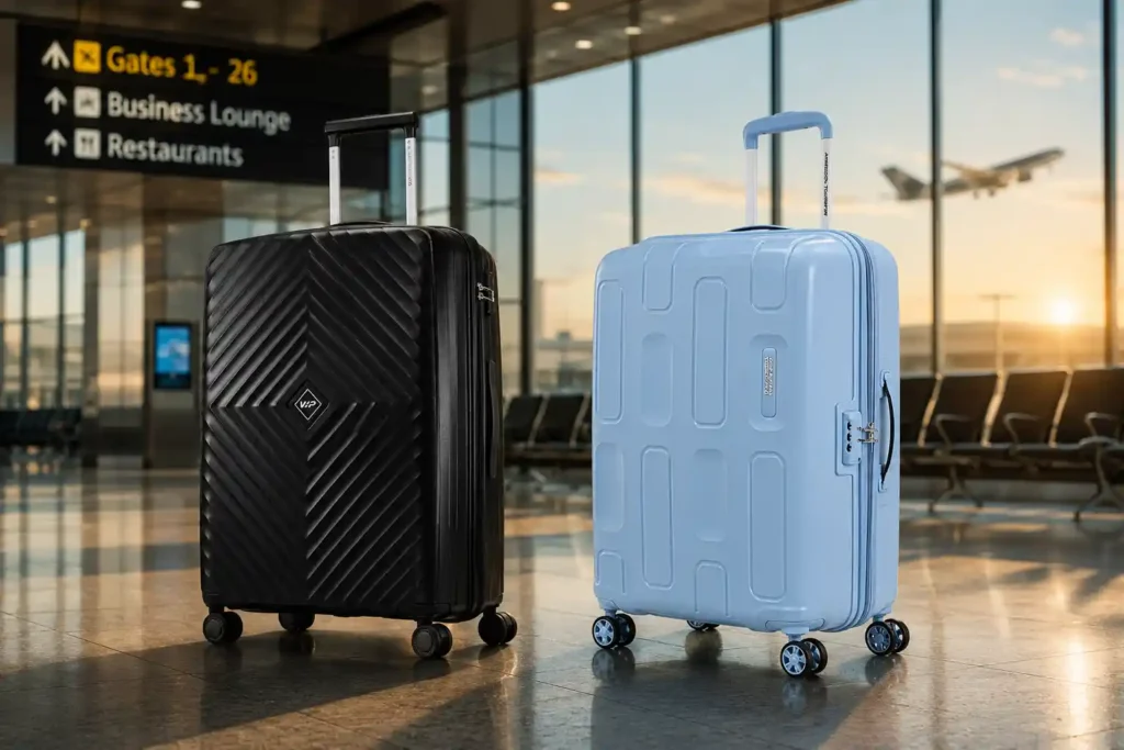 3 Travel essentials in modern terminal VIP vs American Tourister