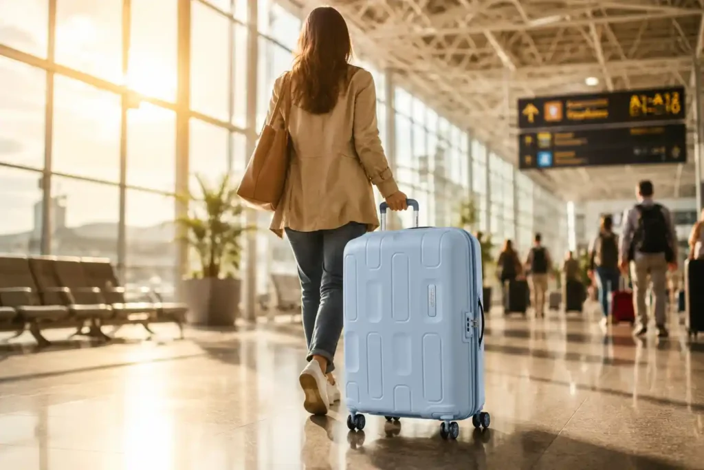 6 Woman walking through bright airport terminal