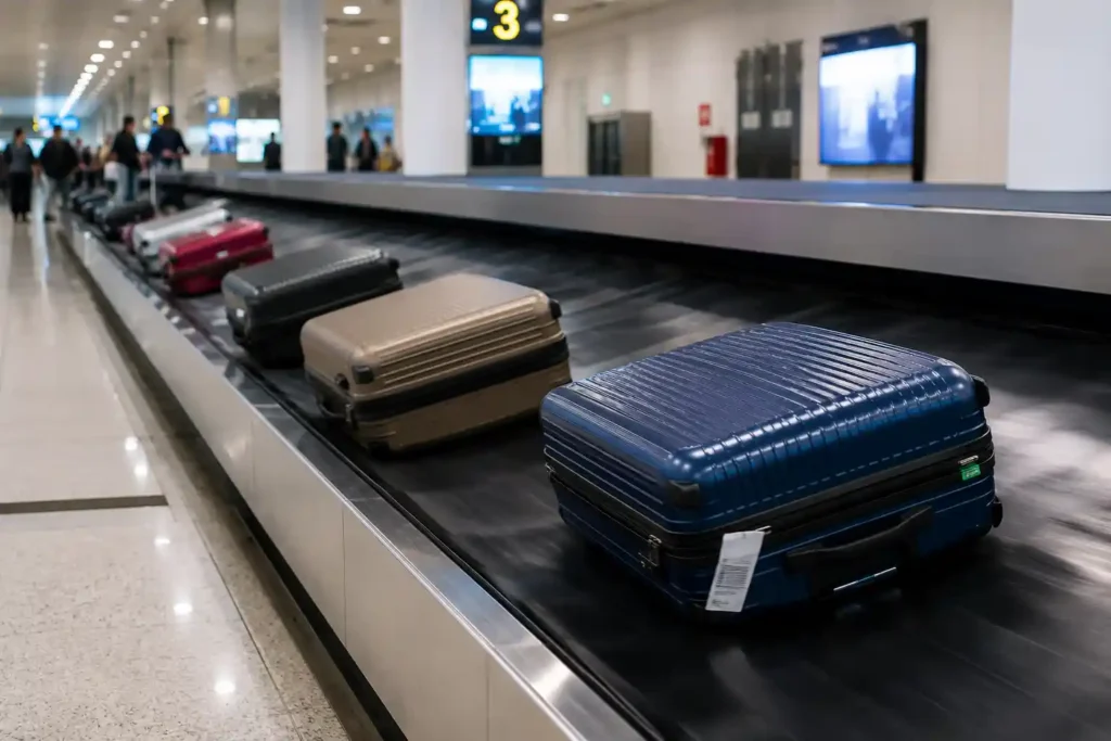 Polycarbonate vs Polypropylene Luggage 7 Baggage claim in modern airport terminal