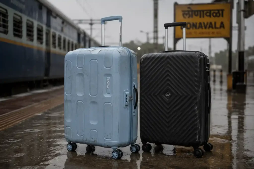 7 Rainy station with suitcases in focus