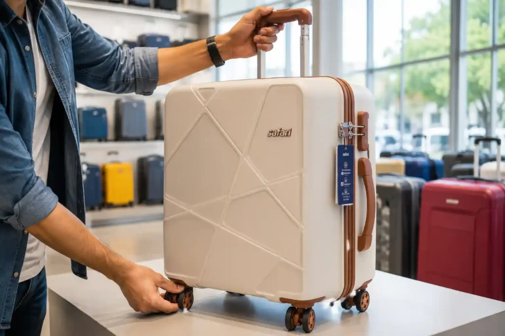 8 Beige Safari Suitcase in Modern Store