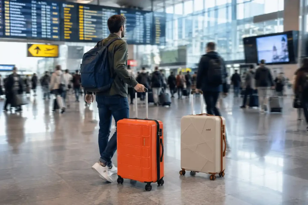 8 Busy airport terminal with travelers and luggage