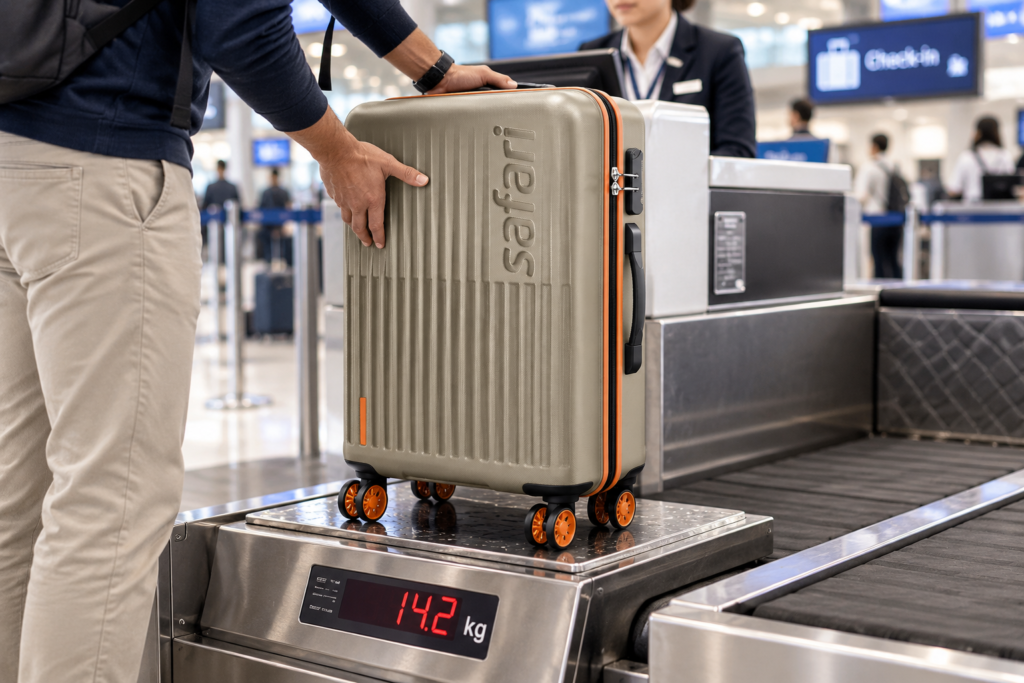 10 Airport Check-In_ Safari Suitcase on Scale Safari Astra Neo 8 Wheels 66cm Medium Size Check-in Trolley Bag