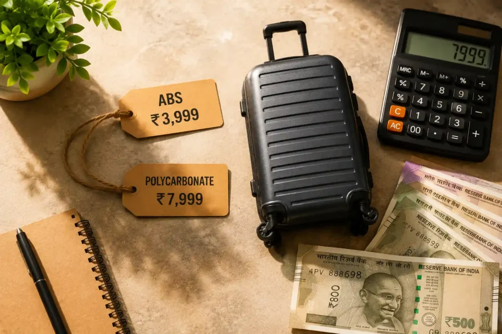 10 calculator arranged next to a small suitcase