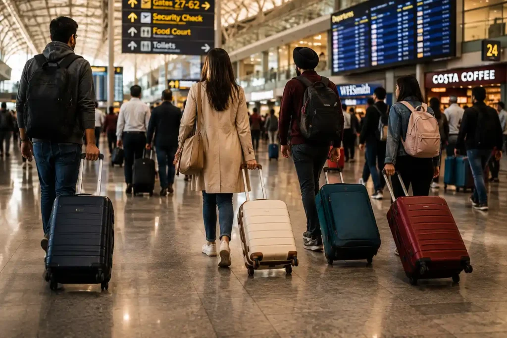 12 travelers at a busy airport departure hall
