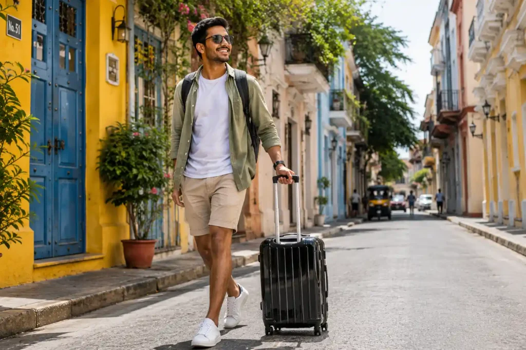 15 Young traveler cheerfully wheeling a compact glossy ABS suitcase