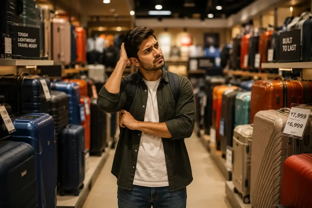 17 Puzzled Shopper Among Suitcases