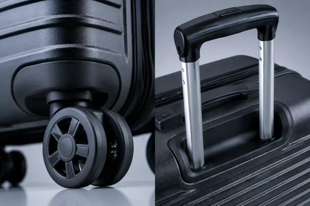 18 suitcase spinner wheel and telescopic handle mechanism ABS vs Polycarbonate luggage