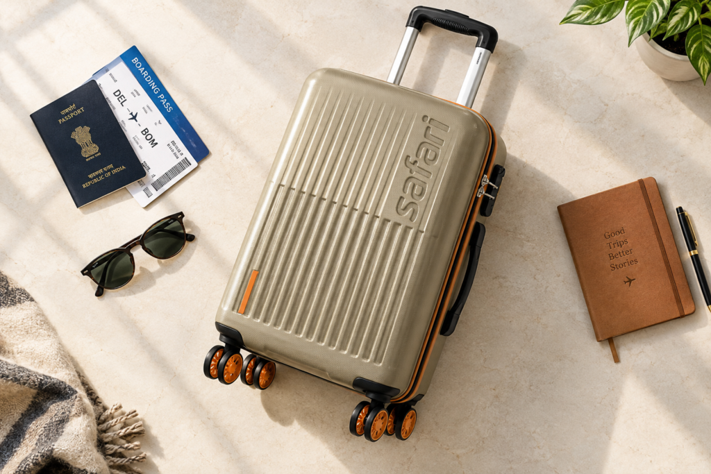 2 Stylish Indian Travel Essentials Flat Lay Safari Astra Neo 8 Wheels 66cm Medium Size Check-in Trolley Bag