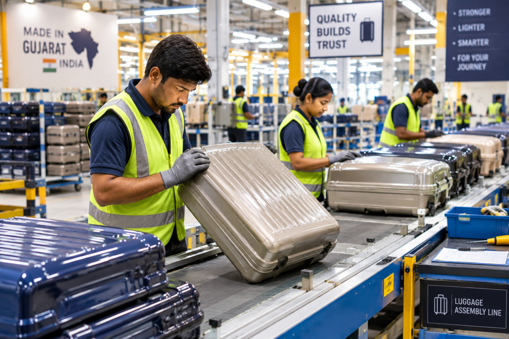 3 Luggage Assembly Line in Gujarat Safari Astra Neo 8 Wheels 66cm Medium Size Check-in Trolley Bag