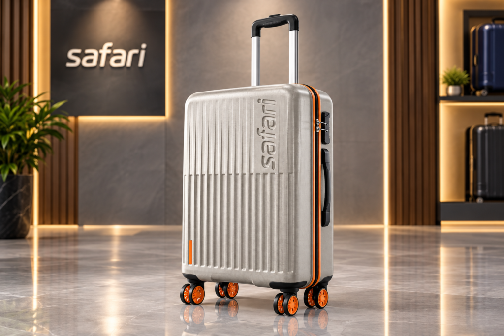 4 Premium Silver Safari Suitcase in Showroom Safari Astra Neo 8 Wheels 66cm Medium Size Check-in Trolley Bag