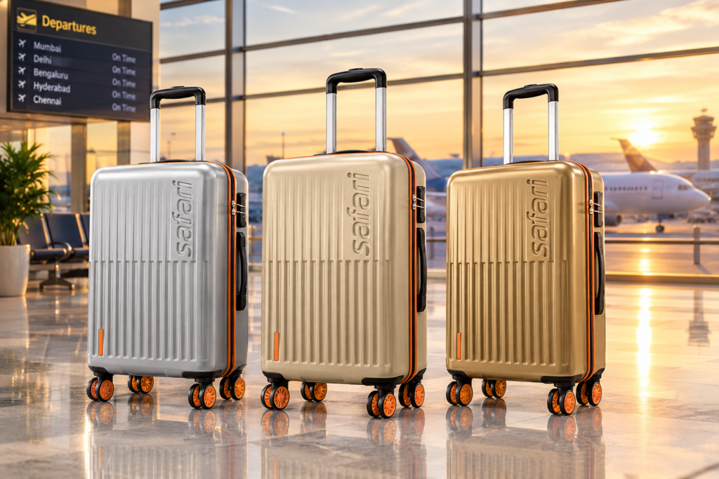 5 Golden Hour Safari Luggage at Departures Safari Astra Neo 8 Wheels 66cm Medium Size Check-in Trolley Bag