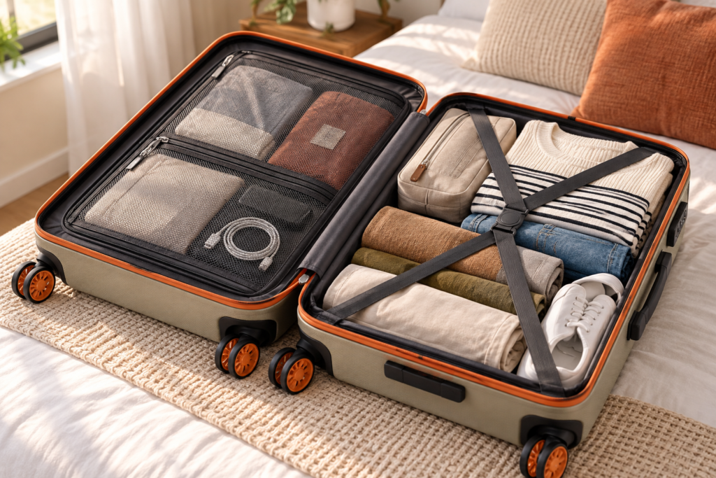 9 Organized Suitcase in a Sunlit Bedroom Safari Astra Neo 8 Wheels 66cm Medium Size Check-in Trolley Bag